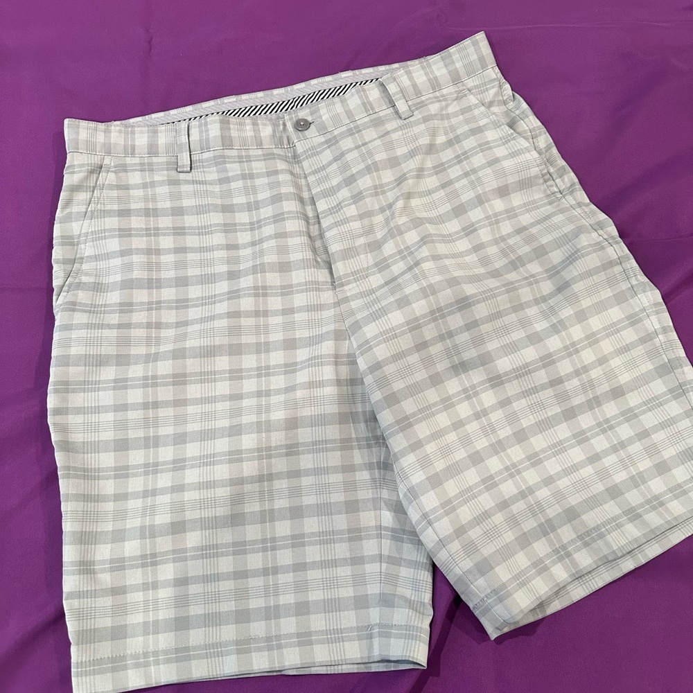 Gray Flat Front Shorts with Structured Waistband